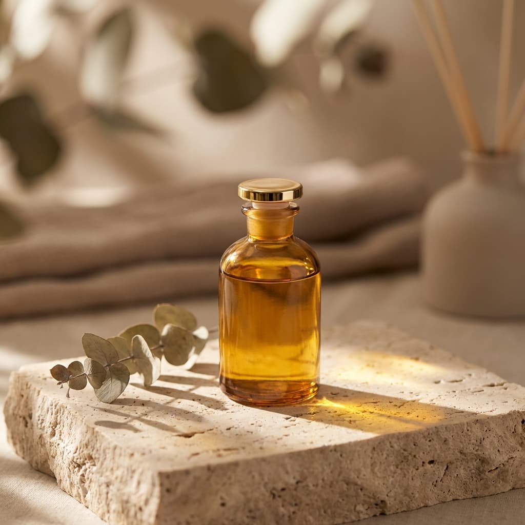 Golden oil bottle on travertine stone